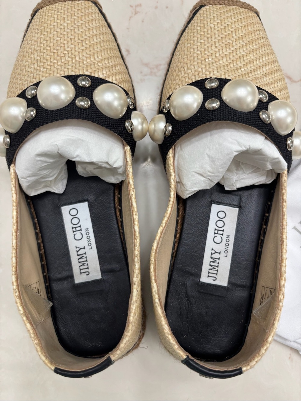 Jimmy Choo Natural Straw Slip-On Flats with Black Trim and Pearl Embellishments
